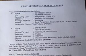 Kompak Kepala BPD dan Kades di Lahat Jual Tanah Kas Desa